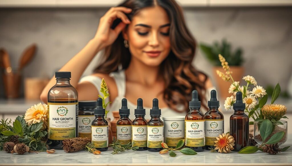 A well-lit countertop scene showcasing a variety of hair growth supplement products, including bottles, jars, and dropper bottles, arranged neatly in the foreground. The products are surrounded by natural elements such as fresh herbs, flowers, and leaves, creating a soothing, organic atmosphere. The middle ground features a woman's hand gently applying the supplement to her scalp, with a serene expression on her face. The background is softly blurred, emphasizing the focus on the hair growth routine. The overall lighting is warm and inviting, capturing the essence of a holistic, self-care regimen for postpartum hair growth.