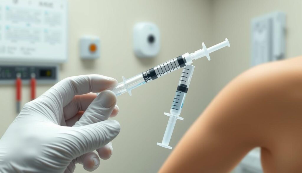A well-lit, detailed illustration of the prefilled syringe administration process. In the foreground, a hand holds a prefilled syringe, the needle exposed and ready for injection. The syringe is positioned at a slight angle, poised above a patient's arm. In the middle ground, the patient's arm is visible, their skin clean and ready for the injection. The background features a sterile medical environment, with a neutral-colored wall and minimal distractions. The scene is captured with a sharp, high-resolution lens, conveying a sense of precision and clinical professionalism. The overall mood is one of calm, focused attention to the task at hand. A well-lit, detailed illustration of the prefilled syringe administration process. In the foreground, a hand holds a prefilled syringe, the needle exposed and ready for injection. The syringe is positioned at a slight angle, poised above a patient's arm. In the middle ground, the patient's arm is visible, their skin clean and ready for the injection. The background features a sterile medical environment, with a neutral-colored wall and minimal distractions. The scene is captured with a sharp, high-resolution lens, conveying a sense of precision and clinical professionalism. The overall mood is one of calm, focused attention to the task at hand.