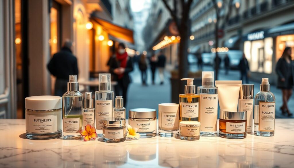 A well-lit display of elegant French skincare products arranged on a sleek, marble countertop. In the foreground, an array of high-end moisturizers, serums, and lotions in minimalist glass bottles and jars, their labels featuring chic, typographic designs. In the middle ground, a few luxurious bath products like scented soaps and bath salts, complemented by fresh flowers or greenery. The background shows a softly blurred Parisian street scene, with the warm glow of cafe lights and the hazy silhouettes of pedestrians passing by, creating a cozy, sophisticated ambiance. The overall composition conveys a sense of refined French beauty and wellness.