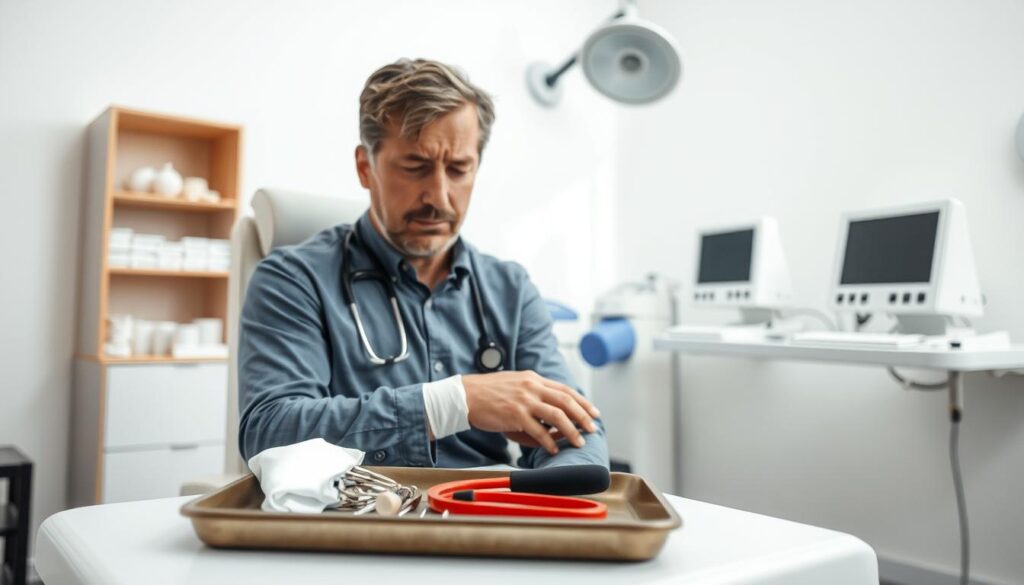 A well-lit examination room, with a concerned doctor examining a patient's bandaged arm. In the foreground, medical instruments and supplies are neatly arranged on a tray. The patient, a worried-looking individual, sits upright on an examination table, their face expressing a mixture of pain and relief. The background features a clean, sterile environment, with white walls and efficient medical equipment, conveying a sense of professionalism and care. Soft, natural lighting casts a calming glow, while the composition emphasizes the doctor's attentive focus on the patient's injury. This scene captures the essence of a dog bite emergency care consultation, ready to illustrate the article's section on when to seek specialized medical attention.