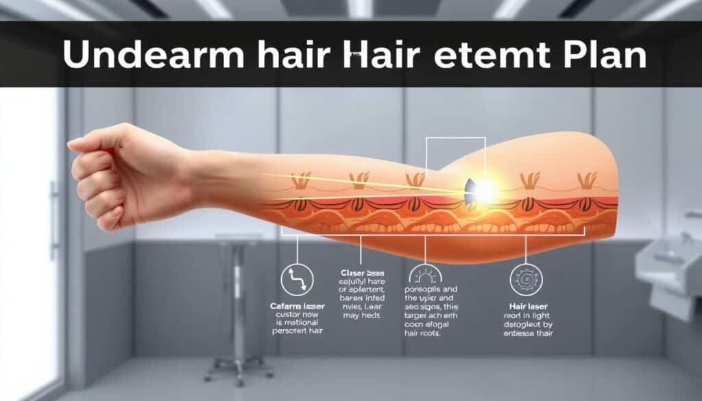 A well-lit, high-resolution diagram showcasing an underarm laser hair removal treatment plan. In the foreground, a detailed cross-section of the underarm area, highlighting the hair follicles and skin layers. In the middle ground, a step-by-step illustration of the laser treatment process, with the laser beam targeting the hair roots. The background features a sleek, minimalist medical setting with clean lines and a neutral color palette, conveying a sense of professionalism and precision. The overall tone is informative and educational, with a focus on the technical aspects of the procedure.