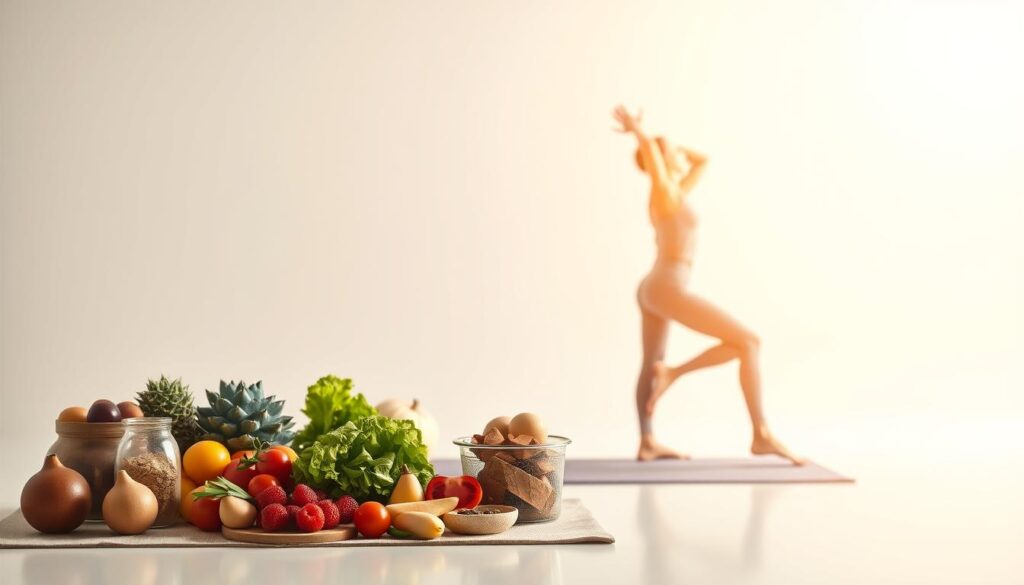 A well-lit, high-resolution image depicting preventative measures against right abdominal pain. In the foreground, a person performing gentle stretches and yoga poses to improve core strength and flexibility. In the middle ground, various healthy food items like fruits, vegetables, and lean proteins, representing a balanced diet. In the background, a minimalist, calming landscape with a soft, pastel color palette to convey a sense of relaxation and wellness. The composition should be visually striking, with a clean, modern aesthetic and a focus on the interconnectedness of physical activity, nutrition, and overall abdominal health.