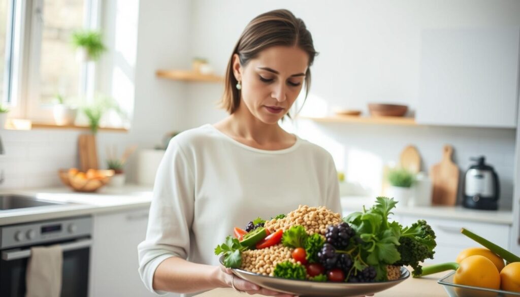 A well-lit, high-resolution image of a woman in her 30s standing in a clean, modern kitchen, thoughtfully studying a plate of fresh, vibrant vegetables and grains. The woman has an attentive, focused expression, suggesting she is carefully considering dietary guidelines for managing hypothyroidism. The kitchen is filled with natural light, creating a warm, calming atmosphere. The image is shot from a slight angle, highlighting the woman's poise and attention to detail. The composition emphasizes the balanced, nutritious meal, conveying the importance of a carefully curated diet for maintaining thyroid health. A well-lit, high-resolution image of a woman in her 30s standing in a clean, modern kitchen, thoughtfully studying a plate of fresh, vibrant vegetables and grains. The woman has an attentive, focused expression, suggesting she is carefully considering dietary guidelines for managing hypothyroidism. The kitchen is filled with natural light, creating a warm, calming atmosphere. The image is shot from a slight angle, highlighting the woman's poise and attention to detail. The composition emphasizes the balanced, nutritious meal, conveying the importance of a carefully curated diet for maintaining thyroid health.