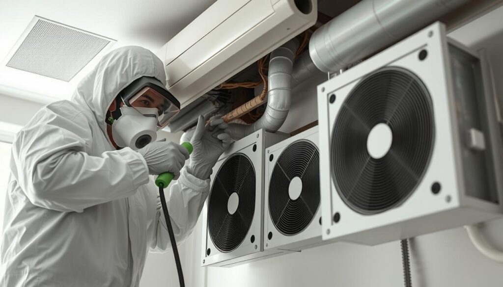 A well-lit, high-resolution image showcasing a HVAC system undergoing decontamination from tear gas. The foreground depicts a professional technician, clad in a hazmat suit, meticulously cleaning the ducts and vents with specialized equipment. The middle ground focuses on the intricate HVAC components, their inner workings visible. The background subtly conveys a sense of a residential setting, with clean, minimalist walls and fixtures. The lighting is bright and even, casting a clinical, almost sterile ambiance. The overall scene reflects a methodical, step-by-step process of neutralizing tear gas in a home environment. A well-lit, high-resolution image showcasing a HVAC system undergoing decontamination from tear gas. The foreground depicts a professional technician, clad in a hazmat suit, meticulously cleaning the ducts and vents with specialized equipment. The middle ground focuses on the intricate HVAC components, their inner workings visible. The background subtly conveys a sense of a residential setting, with clean, minimalist walls and fixtures. The lighting is bright and even, casting a clinical, almost sterile ambiance. The overall scene reflects a methodical, step-by-step process of neutralizing tear gas in a home environment.