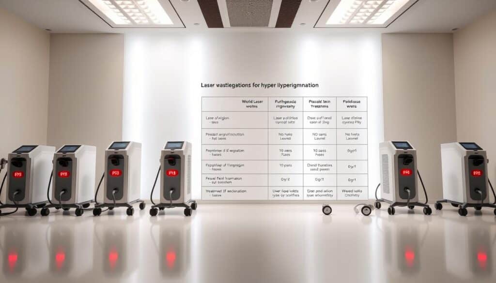 A well-lit, high-resolution image showcasing various laser wavelength options for hyper pigmentation treatment. The foreground displays a lineup of laser devices, each with clear labeling of its unique wavelength range. The middle ground highlights a comparison chart detailing the specific wavelengths, their targeted skin conditions, and treatment effectiveness. The background features a clean, minimalist medical setting with crisp lighting, creating a professional and informative atmosphere. The overall composition emphasizes the technical details and practical applications of these laser wavelength options for addressing hyper pigmentation concerns.