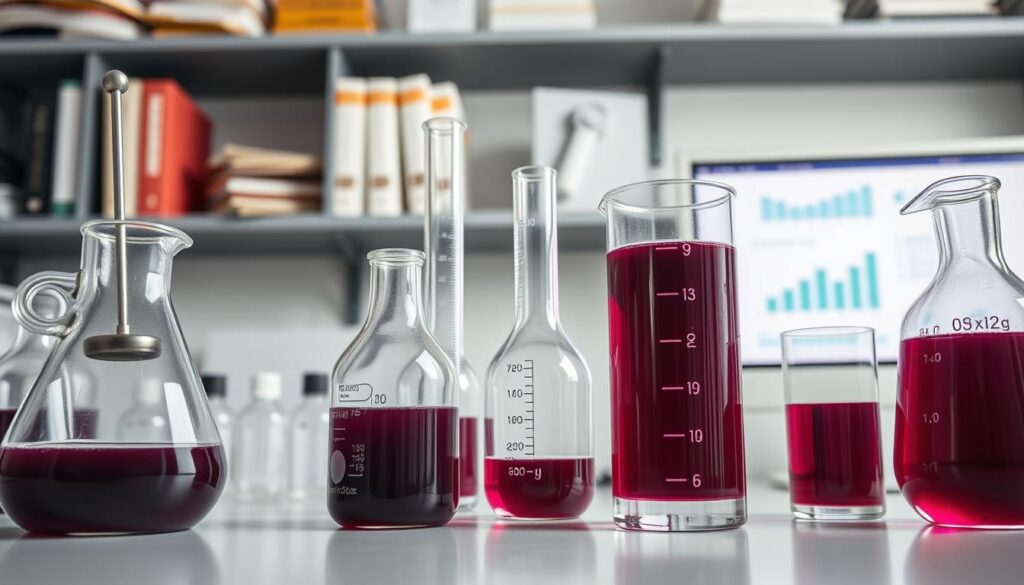 A well-lit, high-resolution laboratory image showcasing various scientific glassware filled with deep purple grape juice. The foreground features a beaker with a magnetic stirrer, while the middle ground displays an Erlenmeyer flask, a graduated cylinder, and a pipette. In the background, there are shelves with scientific journals and a computer monitor displaying data charts. The overall mood is one of diligent research, with a sense of discovery and the potential to uncover the truth behind the proposed benefits of grape juice for treating erectile dysfunction.
