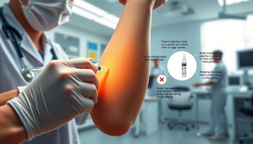 A well-lit, high-resolution medical illustration depicting the proper safety considerations for weight loss injections. In the foreground, a close-up view of a health professional administering an injection into a patient's arm, with focus on the injection site and proper sterile technique. In the middle ground, a detailed diagram highlighting the key steps and precautions to take, such as checking expiration dates, rotating injection sites, and monitoring for side effects. In the background, a clean, clinical setting with medical equipment and personnel, conveying a sense of professionalism and care. The overall mood is one of informative clarity, emphasizing the importance of safety and responsible use of weight loss injections. A well-lit, high-resolution medical illustration depicting the proper safety considerations for weight loss injections. In the foreground, a close-up view of a health professional administering an injection into a patient's arm, with focus on the injection site and proper sterile technique. In the middle ground, a detailed diagram highlighting the key steps and precautions to take, such as checking expiration dates, rotating injection sites, and monitoring for side effects. In the background, a clean, clinical setting with medical equipment and personnel, conveying a sense of professionalism and care. The overall mood is one of informative clarity, emphasizing the importance of safety and responsible use of weight loss injections.