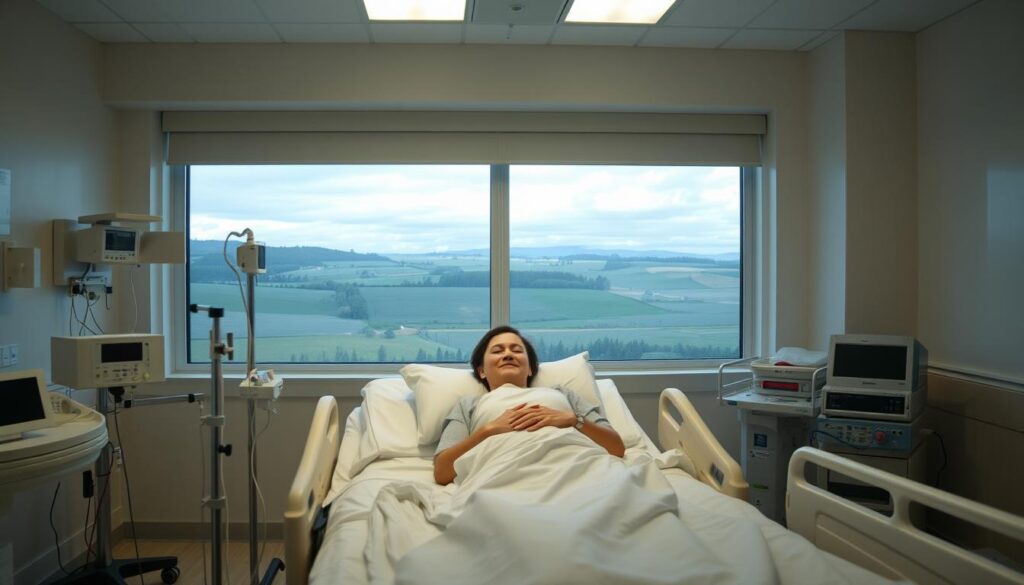 A well-lit hospital room with a single patient in a comfortable bed, surrounded by medical equipment and supplies. The room has a calming, soft lighting, and the patient appears relaxed and at ease, with a subtle expression of relief on their face. In the background, a large window overlooking a serene, pastoral landscape, creating a sense of tranquility and healing. The overall atmosphere conveys the idea of treatment, recovery, and ongoing care for the patient's well-being.