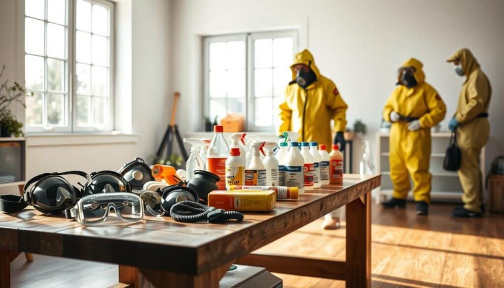 A well-lit indoor scene showing the preparation for a safe tear gas cleanup operation. In the foreground, protective gear such as goggles, gas masks, and hazmat suits are meticulously arranged on a sturdy wooden table. The middle ground features a range of cleaning supplies, including vinegar, baking soda, and water spray bottles, neatly organized and ready for use. In the background, a large window allows natural light to flood the room, creating a sense of clarity and purpose. The overall atmosphere is one of focused attention and meticulous care, conveying the importance of proper preparation for the delicate task at hand. A well-lit indoor scene showing the preparation for a safe tear gas cleanup operation. In the foreground, protective gear such as goggles, gas masks, and hazmat suits are meticulously arranged on a sturdy wooden table. The middle ground features a range of cleaning supplies, including vinegar, baking soda, and water spray bottles, neatly organized and ready for use. In the background, a large window allows natural light to flood the room, creating a sense of clarity and purpose. The overall atmosphere is one of focused attention and meticulous care, conveying the importance of proper preparation for the delicate task at hand.