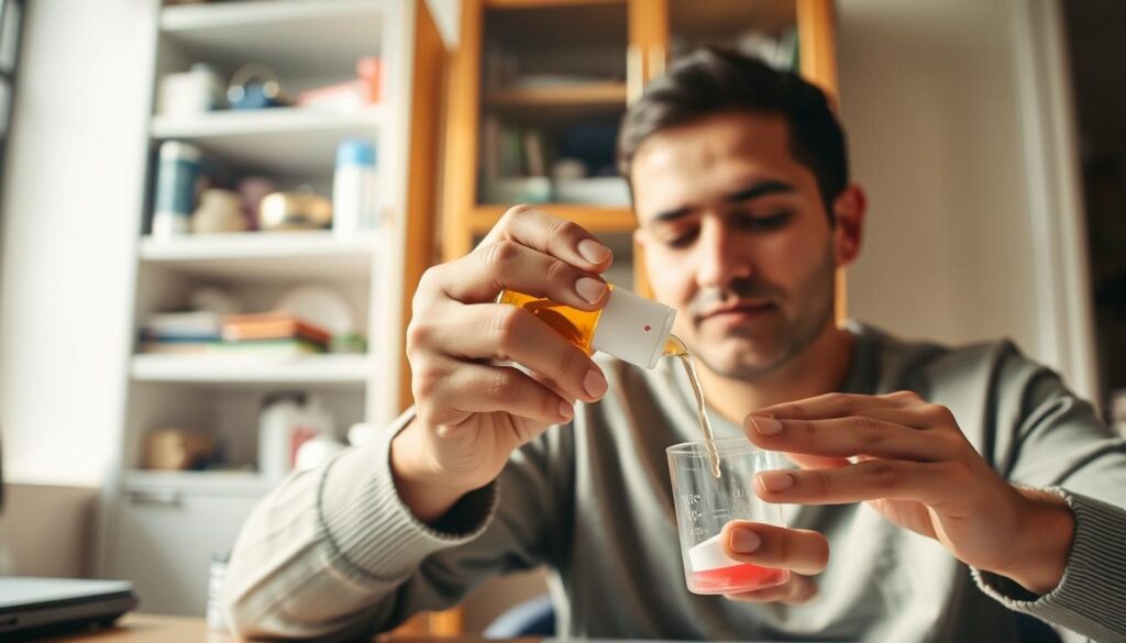 A well-lit interior scene showing a person sitting at a desk, administering medication. The focal point is a person's hand carefully measuring and pouring liquid from a bottle into a medicine cup. The person's face is slightly out of focus, with a calm, focused expression. In the background, a bookshelf or cabinet with various medical supplies and personal items creates a sense of a home office or personal workspace. The lighting is warm and natural, creating soft shadows and highlights. The overall mood is one of quiet concentration and attention to detail in the self-care process.