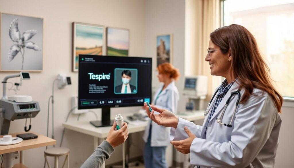 A well-lit medical clinic, the foreground features a doctor and patient discussing a treatment plan. The patient holds an asthma inhaler, while the doctor gestures towards a computer display showcasing Tezspire. In the middle ground, a nurse prepares the medication. The background depicts medical equipment, soothing artwork, and a window providing natural light, conveying a sense of professional care and integration of Tezspire into the holistic asthma management approach. The overall mood is one of calm, trust, and collaborative treatment.