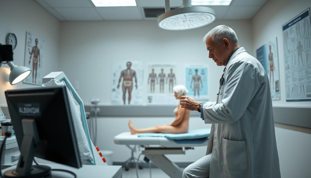 A well-lit medical examination room, with a doctor's desk and equipment in the foreground. In the middle ground, a patient sitting on an exam table, with their skin and hair closely examined for signs of albinism. The background features anatomical diagrams and medical posters, conveying the clinical atmosphere. Soft, diffused lighting illuminates the scene, creating a sense of professionalism and care. The overall mood is one of a thorough, thoughtful medical assessment, with the doctor's attentive gaze and the patient's calm demeanor reflecting the gravity of the diagnosis process. A well-lit medical examination room, with a doctor's desk and equipment in the foreground. In the middle ground, a patient sitting on an exam table, with their skin and hair closely examined for signs of albinism. The background features anatomical diagrams and medical posters, conveying the clinical atmosphere. Soft, diffused lighting illuminates the scene, creating a sense of professionalism and care. The overall mood is one of a thorough, thoughtful medical assessment, with the doctor's attentive gaze and the patient's calm demeanor reflecting the gravity of the diagnosis process.