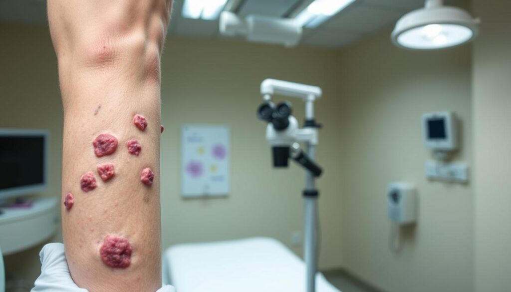A well-lit medical examination room, with a patient's arm prominently featured in the foreground. The skin on the arm is covered in raised, reddish-purple lesions, characteristic of pemphigus vulgaris. The patient's hand is gently supported by a gloved physician's hand, showcasing the diagnostic features. In the middle ground, a dermatoscope and a glass slide with a skin sample are visible, indicating the process of microscopic analysis. The background is slightly blurred, emphasizing the focus on the diagnostic process. The overall mood is one of clinical precision and medical investigation, capturing the essence of diagnosing pemphigus vulgaris.