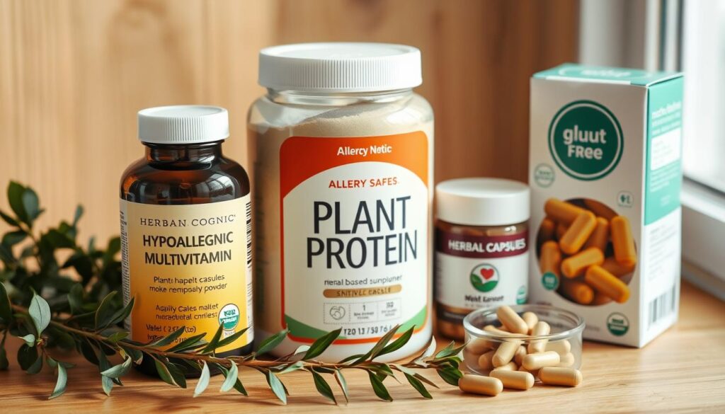A well-lit, natural-looking arrangement of various allergy-safe dietary supplements, including a bottle of hypoallergenic multivitamin, a jar of plant-based protein powder, and a box of gluten-free herbal capsules. The supplements are displayed on a clean, wooden surface, with a sprig of fresh herbs or flowers adding a touch of greenery. The overall scene conveys a sense of health, wellness, and mindfulness, suitable for those with sensitive dietary needs.