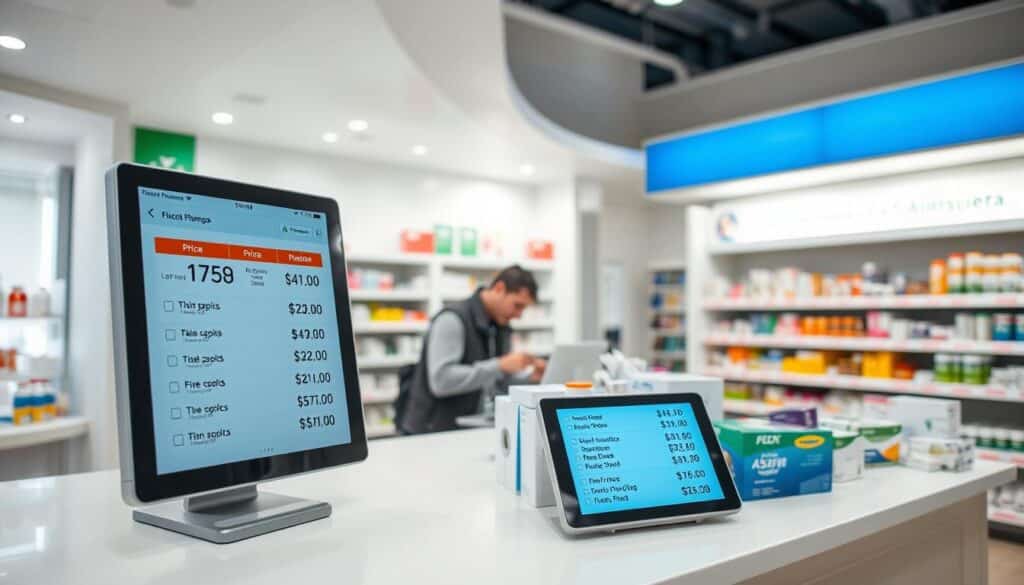A well-lit pharmacy counter, displaying various medication bottles and packages. In the foreground, a digital price comparison screen shows prices for the same drug from different local pharmacies. The middle ground features a customer browsing the options, analyzing the price differences. The background showcases the pharmacy's clean, modern interior design, with shelves of branded pharmaceuticals. The lighting is balanced, creating a sense of clarity and professionalism. The overall atmosphere conveys a consumer-focused, informative experience for finding the most affordable medication options.