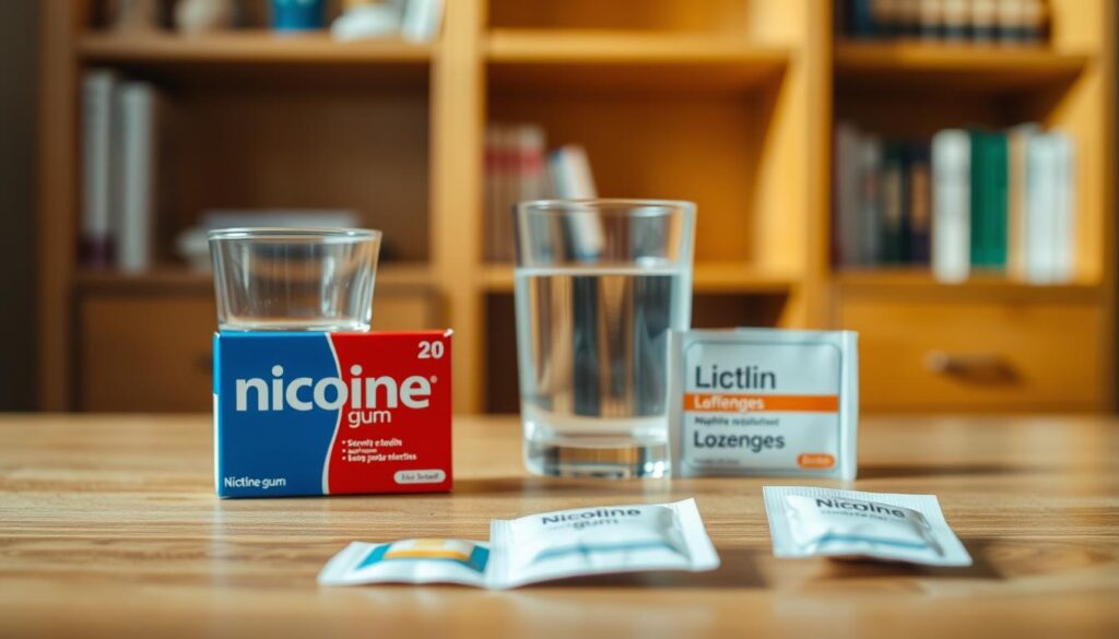 A well-lit still life scene depicting various nicotine replacement therapy products. In the foreground, a box of nicotine gum and a nicotine patch sit atop a wooden table. In the middle ground, a glass of water and a pack of nicotine lozenges are arranged neatly. The background features a soft, out-of-focus bookshelf, conveying a sense of an organized, supportive environment for quitting smoking. The lighting is warm and natural, creating a inviting, encouraging atmosphere. The composition is balanced and the focus is sharp on the nicotine replacement items, highlighting their role in enhancing the quit journey.
