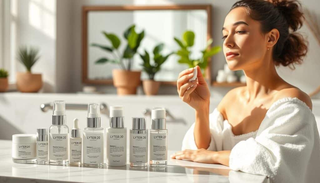 A well-organized and serene bathroom scene, illuminated by soft, natural lighting. In the foreground, an array of high-quality skincare products, including the Lytera 2.0 brightening serum, neatly arranged on a marble vanity. The middle ground features a person's hands gently applying the serum to their freshly cleansed face, their expression calm and focused. The background showcases a minimalist, spa-like environment with neutral tones, lush potted plants, and a large, framed mirror reflecting the serene atmosphere. The overall mood is one of tranquility, self-care, and the effective integration of Lytera 2.0 into a daily skincare routine.