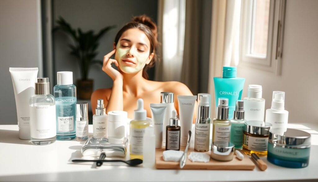 A well-organized skincare routine laid out on a minimalist white countertop. In the foreground, an array of high-end skincare products arranged neatly - cleansers, serums, moisturizers, and facial tools. The middle ground features a glowing model applying a face mask, her skin radiant and refreshed. In the background, a soft, natural lighting filters in through a window, casting a warm, soothing glow over the scene. The overall mood is one of tranquility, self-care, and a sense of an intentional, indulgent daily ritual. A well-organized skincare routine laid out on a minimalist white countertop. In the foreground, an array of high-end skincare products arranged neatly - cleansers, serums, moisturizers, and facial tools. The middle ground features a glowing model applying a face mask, her skin radiant and refreshed. In the background, a soft, natural lighting filters in through a window, casting a warm, soothing glow over the scene. The overall mood is one of tranquility, self-care, and a sense of an intentional, indulgent daily ritual.