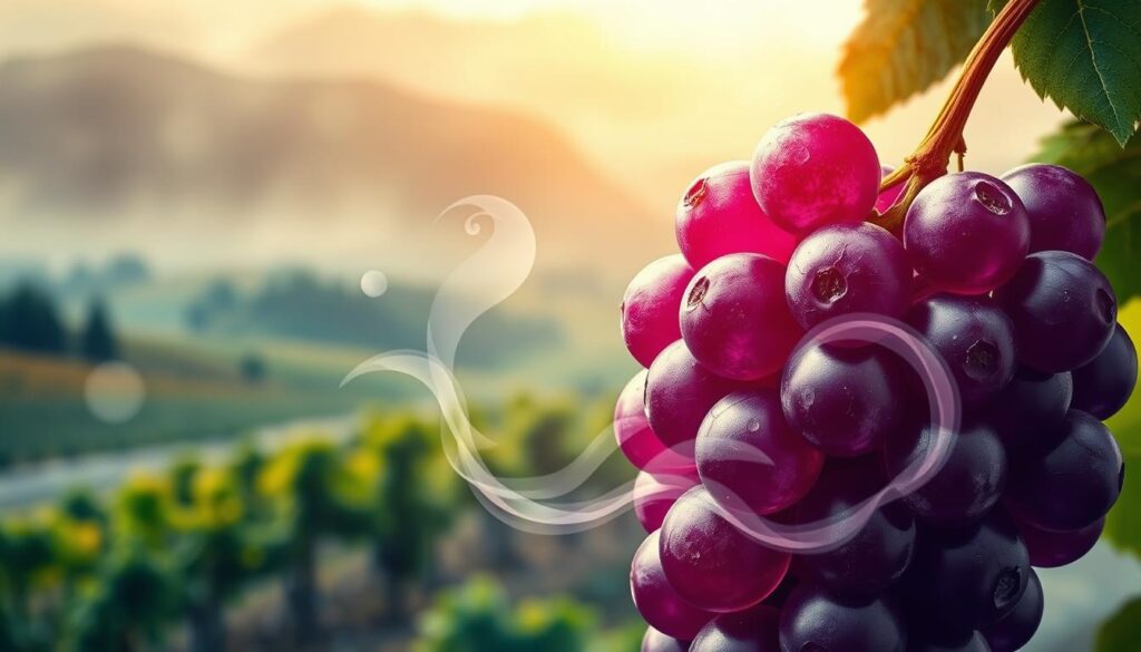 A whimsical and surreal illustration depicting the myths surrounding grape juice as a cure for erectile dysfunction. In the foreground, a large, ripe purple grape dominates the frame, its plump flesh glistening under a soft, warm light. Floating around it, ethereal wisps of mist swirl and dissipate, hinting at the elusive, intangible nature of the claims. The middle ground features a blurred, dreamlike landscape of rolling hills and lush vineyards, suggesting the natural origins of grape juice. The background is enveloped in a hazy, mystical atmosphere, adding to the sense of mystery and intrigue surrounding this topic. The overall composition conveys a sense of wonder, inviting the viewer to contemplate the truth behind the myths.