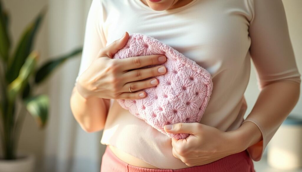 A woman holding a warm, damp compress against her lower abdomen, her expression one of relief as the heat eases her menstrual cramps. The compress is made of soft, plush fabric in soothing shades of pink and lavender, complementing the warm, natural lighting that bathes the scene. The background is blurred, placing the focus on the woman's actions and the healing effects of the heat therapy. The image conveys a sense of comfort, self-care, and the natural remedies that can provide relief during a woman's monthly cycle.