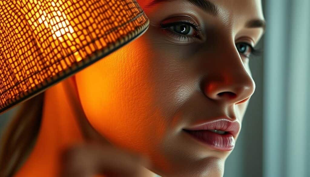 A wooden lamp with intricate textural patterns illuminates a subject's face, casting soft, warm light across their skin. The lamp's wooden surface appears weathered and grain-like, mirroring the diagnostic evaluation process. The subject's face is angled slightly, highlighting the contours and any discoloration or irregularities around the mouth area. The lighting creates depth and shadows, allowing for a careful examination of the skin's condition. The overall atmosphere is one of clinical examination, with a touch of natural, organic elements to create a serene and thoughtful mood.