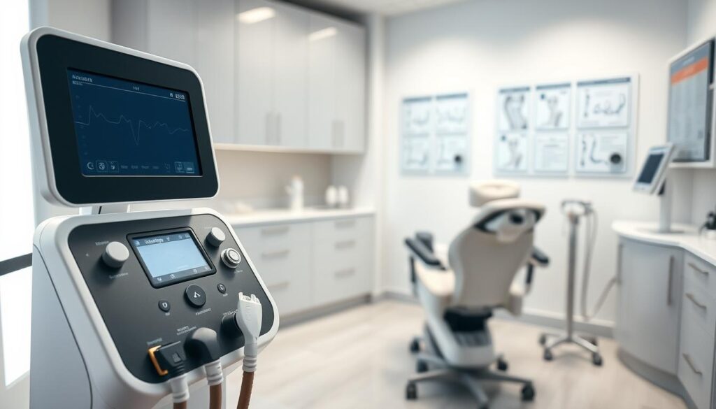 An advanced electrolysis treatment room with state-of-the-art equipment. The foreground features a specialized electrolysis device with precise controls and a high-resolution display. In the middle ground, a comfortable treatment chair with ergonomic design and soft lighting. The background showcases a clean, sterile environment with sleek medical cabinets and diagnostic charts on the walls. The scene conveys an atmosphere of professionalism, cutting-edge technology, and personalized care for the electrolysis procedure.