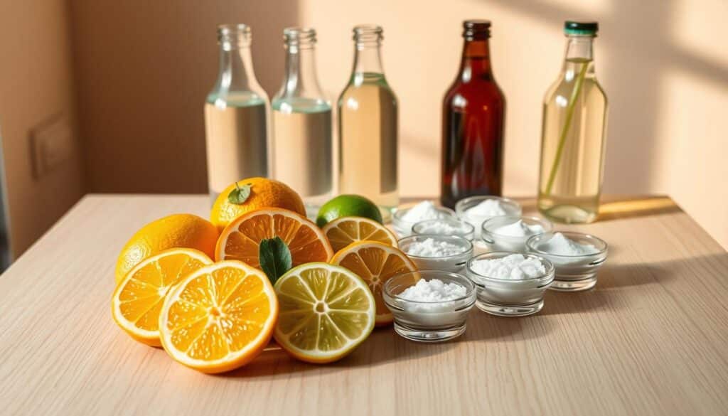 An assortment of electrolyte-rich ingredients arranged on a sleek, minimalist wooden surface. In the foreground, vibrant citrus fruits such as lemon, lime, and orange slices are artfully displayed. Behind them, glass bottles filled with clear, electrolyte-infused liquids rest atop the surface, casting soft, natural shadows. The middle ground features a variety of powders and crystals, such as sea salt and potassium-rich coconut water powder, in small glass containers. The background is bathed in warm, diffused lighting, creating a clean, inviting atmosphere that highlights the health-conscious nature of the scene.