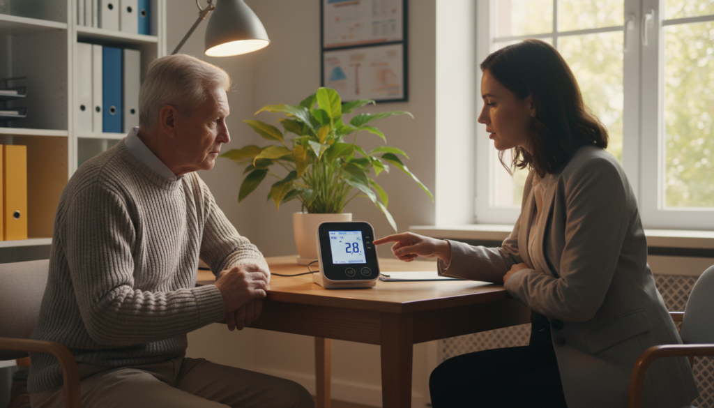 An elderly person in a consultation room is sitting across from a healthcare professional, both appearing engaged in a discussion about INR monitoring. The elderly individual, dressed in modest casual clothing, looks thoughtful while observing a digital INR monitor on the table, which displays important data. The healthcare professional, in professional business attire, points to the screen, emphasizing key figures. Soft, warm lighting enhances the comforting atmosphere, creating a sense of trust and attentive care. In the background, medical charts and a calming indoor plant suggest a focus on health and well-being, while a window lets in natural light, adding a serene touch, reflecting the importance of understanding INR in special populations. An elderly person in a consultation room is sitting across from a healthcare professional, both appearing engaged in a discussion about INR monitoring. The elderly individual, dressed in modest casual clothing, looks thoughtful while observing a digital INR monitor on the table, which displays important data. The healthcare professional, in professional business attire, points to the screen, emphasizing key figures. Soft, warm lighting enhances the comforting atmosphere, creating a sense of trust and attentive care. In the background, medical charts and a calming indoor plant suggest a focus on health and well-being, while a window lets in natural light, adding a serene touch, reflecting the importance of understanding INR in special populations.