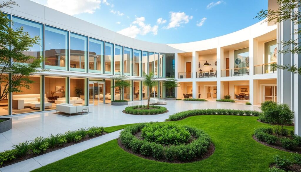 An expansive, state-of-the-art medical facility with a serene, contemporary design. The exterior features sleek, glass facades and a meticulously landscaped courtyard. The interior is flooded with natural light, creating a calming, almost spa-like atmosphere. Patients are greeted by a warm, inviting lobby with plush seating and modern artwork. Pristine examination rooms are equipped with the latest medical technology, while private treatment suites offer advanced skincare procedures. The facility exudes a sense of reassurance and expertise, reflecting the highest standards of care.