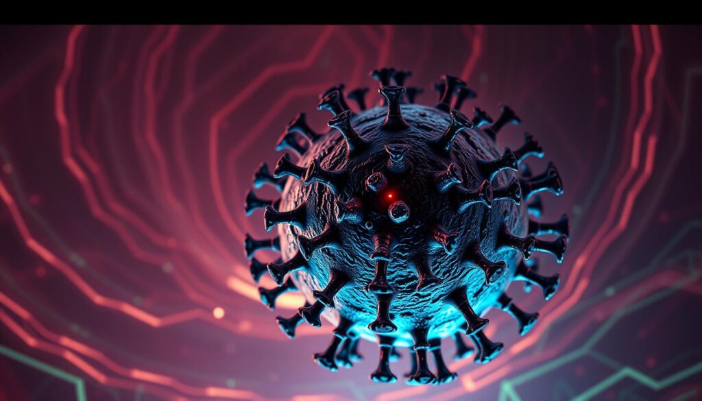 An imposing 3D visualization of the SARS-CoV-2 virus, rendered in a hyper-detailed, almost photorealistic style. The viral structure emerges from a swirling, neon-tinged background, hinting at the complexity and unpredictability of its future mutations. The surface of the virus is textured with intricate spikes, each one a potential pathway for the virus to evolve and adapt. The lighting is dramatic, casting deep shadows and highlighting the ominous, otherworldly nature of the subject. The camera angle is low, giving a sense of the virus's looming, ominous presence. The overall tone is one of scientific awe and foreboding, capturing the urgency and uncertainty of predicting the virus's next move. An imposing 3D visualization of the SARS-CoV-2 virus, rendered in a hyper-detailed, almost photorealistic style. The viral structure emerges from a swirling, neon-tinged background, hinting at the complexity and unpredictability of its future mutations. The surface of the virus is textured with intricate spikes, each one a potential pathway for the virus to evolve and adapt. The lighting is dramatic, casting deep shadows and highlighting the ominous, otherworldly nature of the subject. The camera angle is low, giving a sense of the virus's looming, ominous presence. The overall tone is one of scientific awe and foreboding, capturing the urgency and uncertainty of predicting the virus's next move.