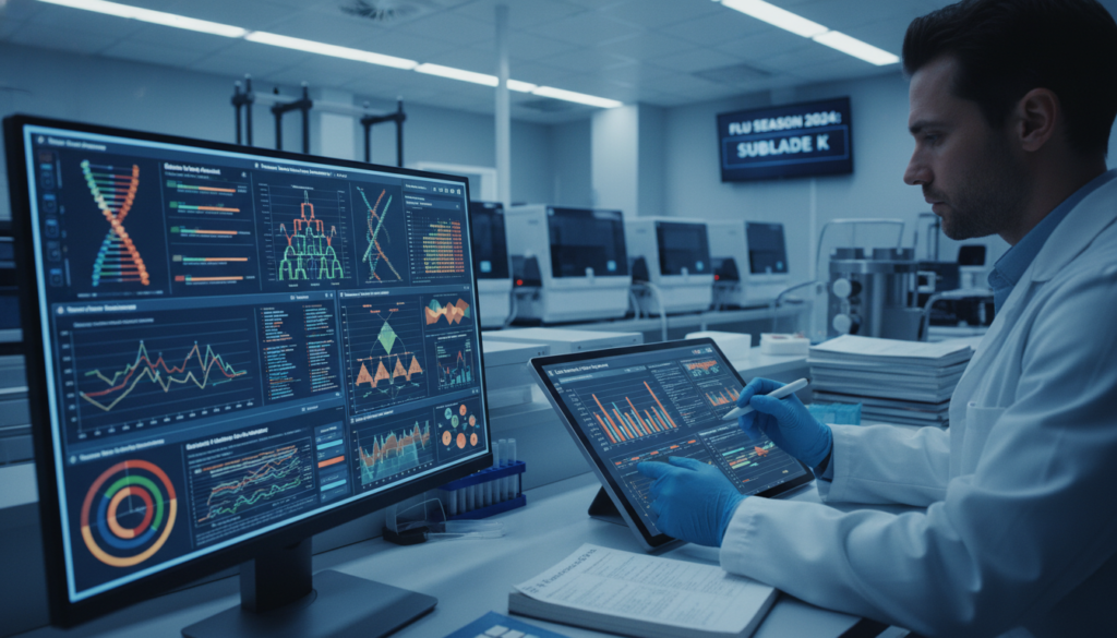 An intricate visualization of a "subclade K variant analysis" theme, featuring an array of detailed diagrams and charts depicting genetic sequences and virus mutations. In the foreground, a computer screen shows a close-up of a genetic analysis interface with colorful graphical representations of the K variant. In the middle, a researcher in a white lab coat, focused and absorbed in their work, studies the data with a digital pen. The background presents a modern laboratory setting filled with advanced equipment like PCR machines and DNA sequencers, softly illuminated by bright, sterile overhead lighting. A clinical atmosphere underscores the importance of understanding this variant against the backdrop of the ongoing flu season, encapsulating a mood of urgency and scientific rigor.