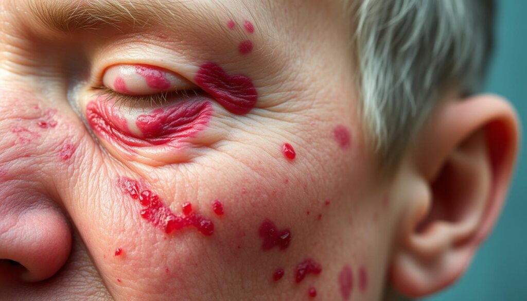 Chronic Cutaneous Lupus Erythematosus: A close-up portrait of reddened, scaly skin with distinct patches and lesions across the forehead and cheeks. Soft, diffused lighting illuminates the textured, inflamed areas, capturing the chronic, inflammatory nature of the condition. The skin has a mottled, pinkish-red hue, with visible follicular plugging and a slightly raised, rough texture. The background is blurred, placing the focus entirely on the detailed, clinical representation of this autoimmune skin disorder.