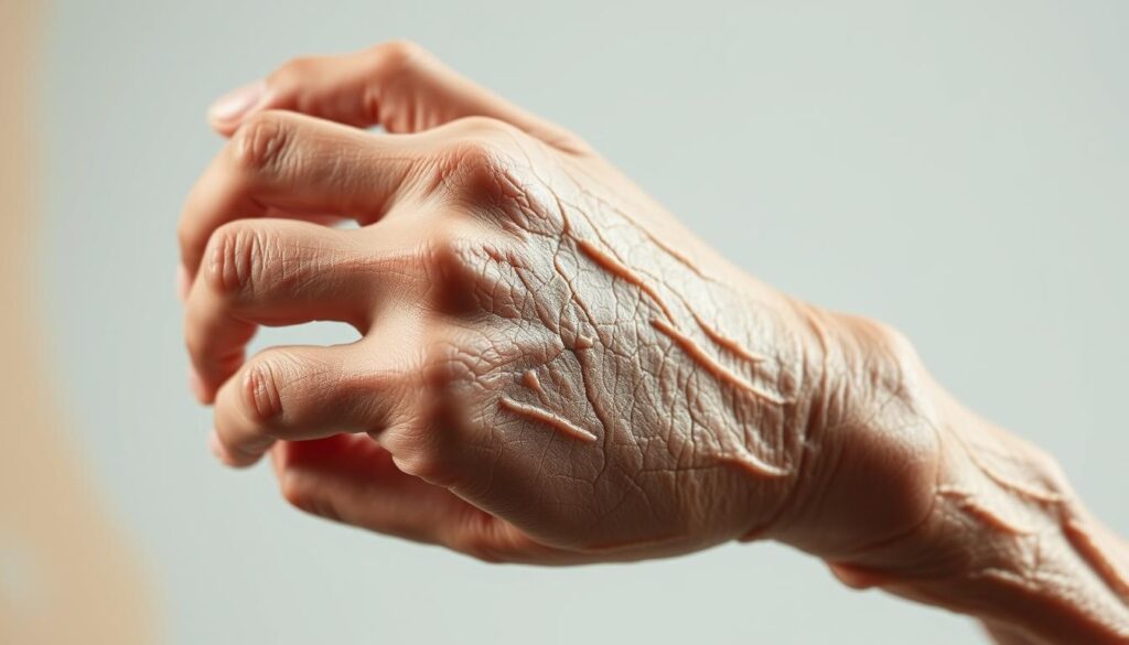 Close-up high-detail medical illustration of a human hand and arm, showcasing the distinct scaly, thickened skin characteristic of ichthyosis vulgaris. The skin appears dry, cracked, and flaky, with prominent lines and fissures. The lighting is soft and diffused, creating subtle shadows that accentuate the textural qualities of the affected skin. The image is captured at a slight angle, allowing for a comprehensive view of the symptoms. The overall tone is clinical yet visually compelling, serving to educate and inform the viewer about this particular skin condition.