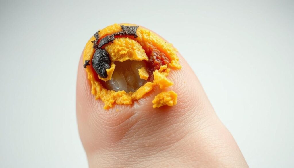 Close-up macro photograph of severe fungal nail infection (onychomycosis) on human toenail. The nail appears thick, yellow, crumbly, and distorted, with significant discoloration and irregular patterns. The image captures the textural details and the progression of the infection, showcasing the characteristic signs and symptoms in vivid detail. Soft, even lighting illuminates the nail, creating a clinical yet compelling aesthetic. Photographed from a slight low angle using a telephoto macro lens to isolate and emphasize the affected nail against a clean, neutral background.