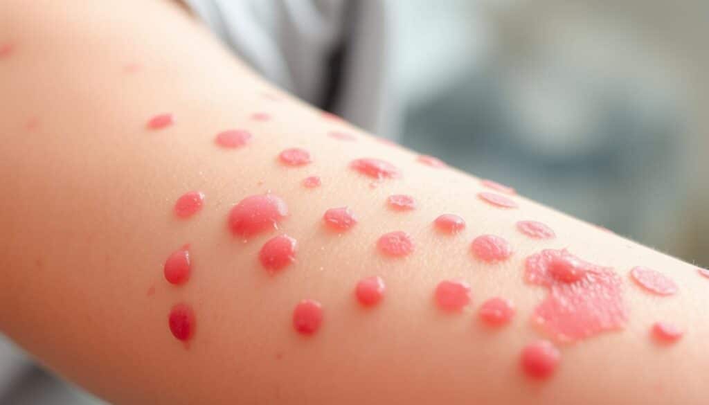 Close-up photograph of a child's arm with raised, red, itchy rash spots characteristic of measles (rubeola) infection. The rash covers the skin in a distinctive pattern, with small, round, red bumps clustered together, some joining to form larger blotchy areas. The skin appears inflamed, with a slight textural quality. The lighting is natural, softly illuminating the affected area. The frame is tightly cropped, filling the image with the detailed measles rash symptoms, allowing the viewer to study the medical condition closely. The background is blurred, keeping the focus on the measles rash.