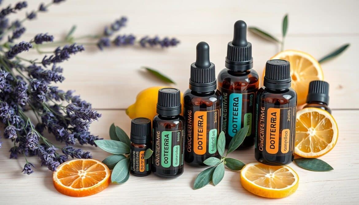 Collection of Dolterra essential oil bottles arranged with natural elements like lavender sprigs and citrus fruits