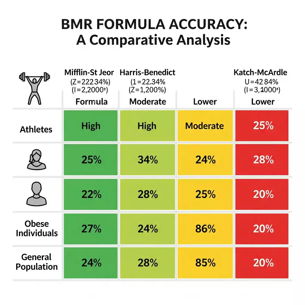 Comparison chart of different BMR formulas showing their accuracy for different populations