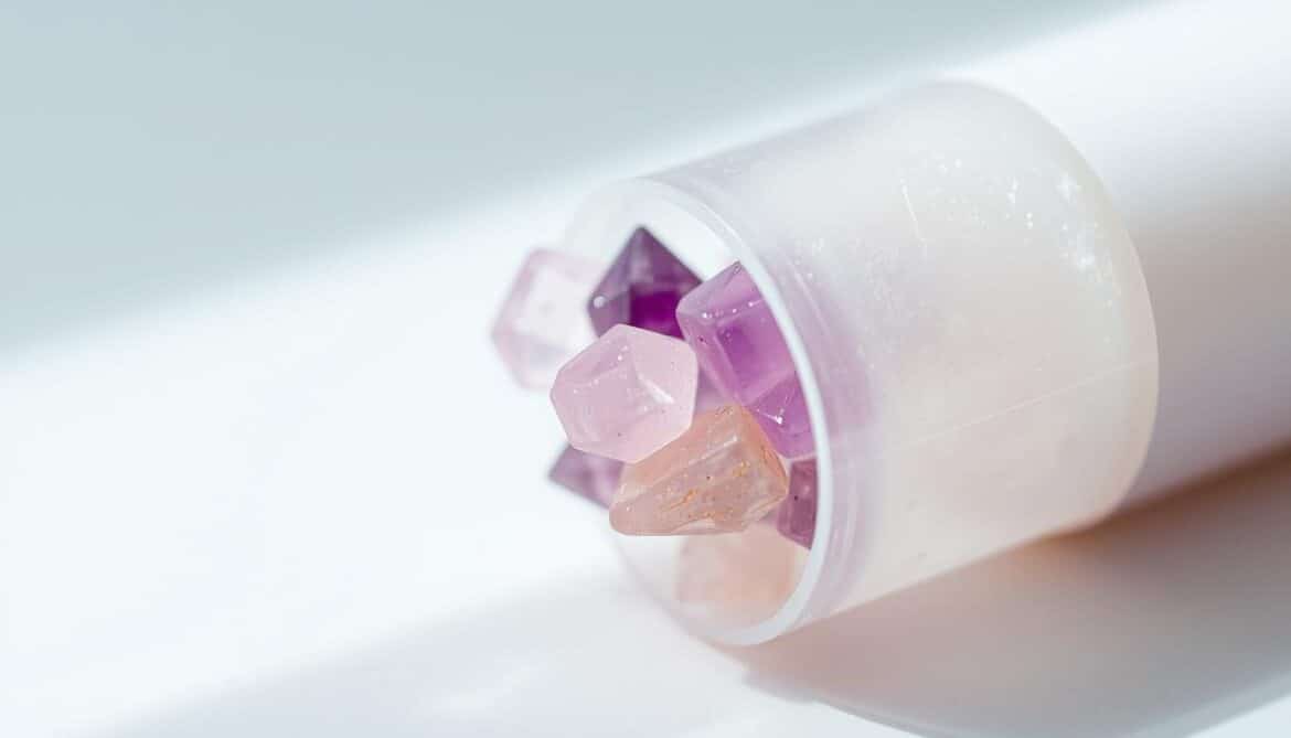 Crystal deodorant stick with rose quartz and amethyst.