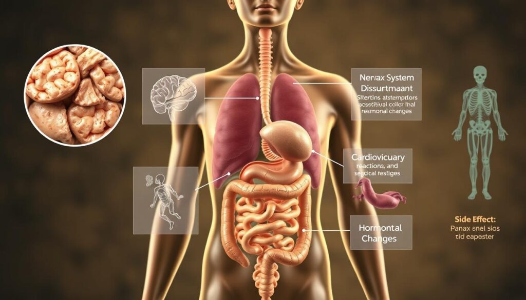 Detailed anatomical diagram of common Panax ginseng side effects, rendered in a clinical and scientific style. Foreground depicts close-up cross-sections of the human digestive system, illustrating potential gastrointestinal disturbances. Midground shows translucent overlays highlighting nervous system impacts, cardiovascular reactions, and hormonal changes. Background features a muted color palette of earthy tones, evocative of the plant's natural origins. Bright, directional lighting accentuates the intricate biological structures, while a shallow depth of field focuses attention on the key physiological mechanisms. The overall composition conveys a sense of objective medical study, guiding the viewer's understanding of Panax ginseng's potential risks and side effects.