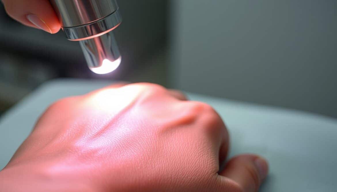Detailed close-up image of a hand undergoing laser pigmentation removal procedure. The hand is illuminated by a focused beam of light, casting a bright, concentrated glow. In the foreground, the skin's surface is textured with uneven pigmentation, while the laser device is positioned precisely above the affected area. The background is blurred, creating a sense of depth and directing the viewer's attention to the central treatment process. The overall mood is clinical yet intimate, showcasing the technological precision and personal nature of this cosmetic procedure.