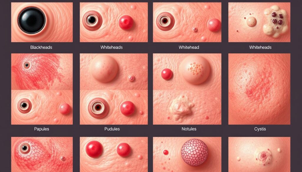 Detailed close-up medical illustration of common types of acne lesions, including blackheads, whiteheads, papules, pustules, nodules, and cysts. Crisp, high-resolution rendering with natural lighting from the upper left, capturing the subtle textures and colors of inflamed and non-inflamed blemishes. Neutral, slightly desaturated color palette to convey a clinical, informative tone. Arranged in an orderly grid layout to facilitate comparison and identification. Seamless background devoid of distractions, allowing the viewer to focus on the acne samples. Detailed close-up medical illustration of common types of acne lesions, including blackheads, whiteheads, papules, pustules, nodules, and cysts. Crisp, high-resolution rendering with natural lighting from the upper left, capturing the subtle textures and colors of inflamed and non-inflamed blemishes. Neutral, slightly desaturated color palette to convey a clinical, informative tone. Arranged in an orderly grid layout to facilitate comparison and identification. Seamless background devoid of distractions, allowing the viewer to focus on the acne samples.