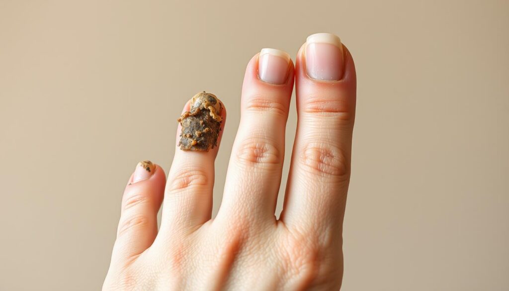 Detailed close-up of a human hand with visible signs of nail fungal infection. The nails are discolored, thickened, and crumbly, displaying the characteristic symptoms of onychomycosis or tinea unguium. The hand is positioned against a neutral, slightly out-of-focus background to emphasize the affected nails. Bright, natural lighting illuminates the texture and deformities of the nails, highlighting the severity of the condition. The composition places the hand in the center of the frame, allowing for a clear, unobstructed view of the affected area.