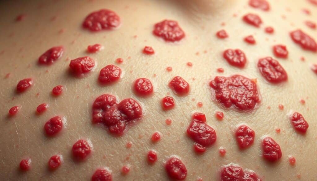 Detailed close-up of a severe dermatitis herpetiformis rash, featuring clusters of intensely itchy, red, blistering lesions across the skin. Illuminated by soft, diffused lighting that accentuates the textural qualities of the inflamed, irritated epidermis. Captured at a medium camera angle to fill the frame and provide an immersive, clinical perspective. Convey the discomfort and distress associated with this chronic autoimmune condition, while maintaining a neutral, factual tone suitable for a medical illustration. Detailed close-up of a severe dermatitis herpetiformis rash, featuring clusters of intensely itchy, red, blistering lesions across the skin. Illuminated by soft, diffused lighting that accentuates the textural qualities of the inflamed, irritated epidermis. Captured at a medium camera angle to fill the frame and provide an immersive, clinical perspective. Convey the discomfort and distress associated with this chronic autoimmune condition, while maintaining a neutral, factual tone suitable for a medical illustration.