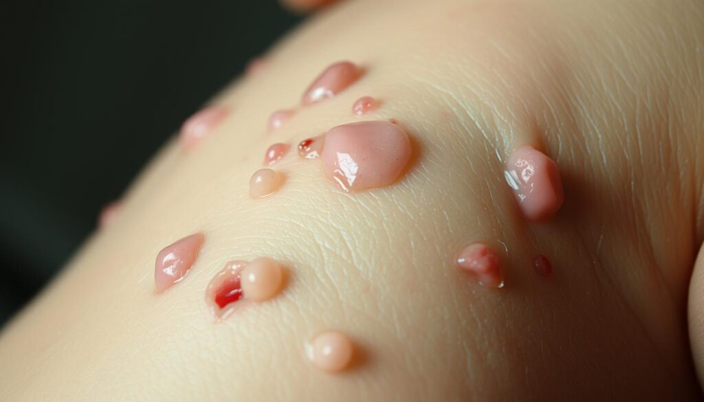 Detailed close-up of epidermolysis bullosa, a rare genetic skin disorder. Delicate blisters and lesions cover the skin, exposing raw, tender flesh. Lighting is soft and diffused, highlighting the fragility and vulnerability of the condition. The camera angle is low, emphasizing the textural quality of the damaged skin. The background is blurred, keeping the focus solely on the affected area. Convey a sense of discomfort and the painful reality of living with this complex dermatological disorder.