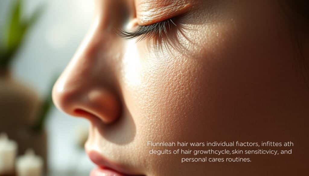 Detailed close-up of facial skin, highlighting the subtle textures and pores. A serene, meditative atmosphere with soft, diffused lighting from multiple angles, capturing the delicate nature of facial hair and the effects of waxing. The image should convey a sense of tranquility and the restorative process, rather than clinical or harsh aesthetics. Emphasize the importance of understanding the individual factors that influence the duration of waxing results, such as hair growth cycle, skin sensitivity, and personal care routines.