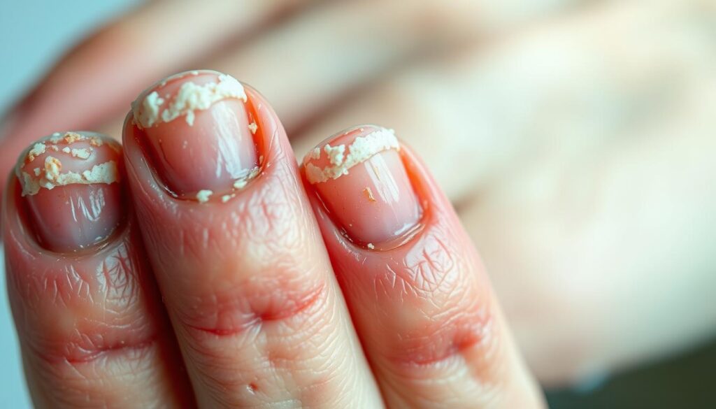 Detailed close-up photograph of a human hand displaying signs of nail psoriasis. Crisp, high-resolution image captured with a professional macro lens under even, natural lighting. The nails appear thickened, discolored, and have a crumbly, chalky texture. Pitting, ridging, and onycholysis are clearly visible. The skin around the nails is slightly inflamed and red. The composition focuses tightly on the affected nails, filling the frame and highlighting the diagnostic features of this condition. A clean, clinical atmosphere conveys the medical nature of the subject matter.