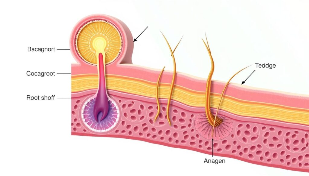 Detailed cross-section illustration of the hair growth cycle phases, depicting the stages of hair follicle development from the subcutaneous layer to the surface of the skin. Render in a realistic, scientific style with crisp details and natural lighting. Show the dermal papilla, outer root sheath, inner root sheath, and hair shaft in vivid clarity. Convey the cyclical nature of hair growth through a harmonious composition of the different phases - anagen, catagen, telogen. Present a clean, uncluttered view that clearly showcases the underlying biological mechanisms.