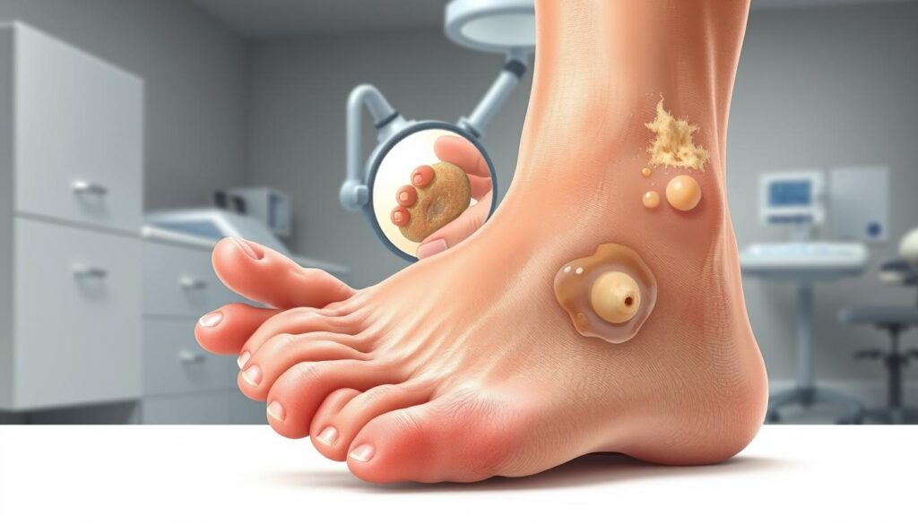 Detailed medical illustration of tinea pedis, also known as athlete's foot. In the foreground, a close-up view of the affected foot, showing peeling, cracked skin and blisters between the toes. In the middle ground, a dermatological examination with a bright light and magnifying glass, revealing the fungal infection. In the background, a neutral, clinical setting with medical equipment. Crisp, high-resolution imagery with realistic textures, natural lighting, and a clean, professional aesthetic. Conveys the diagnostic process for this common fungal skin condition.