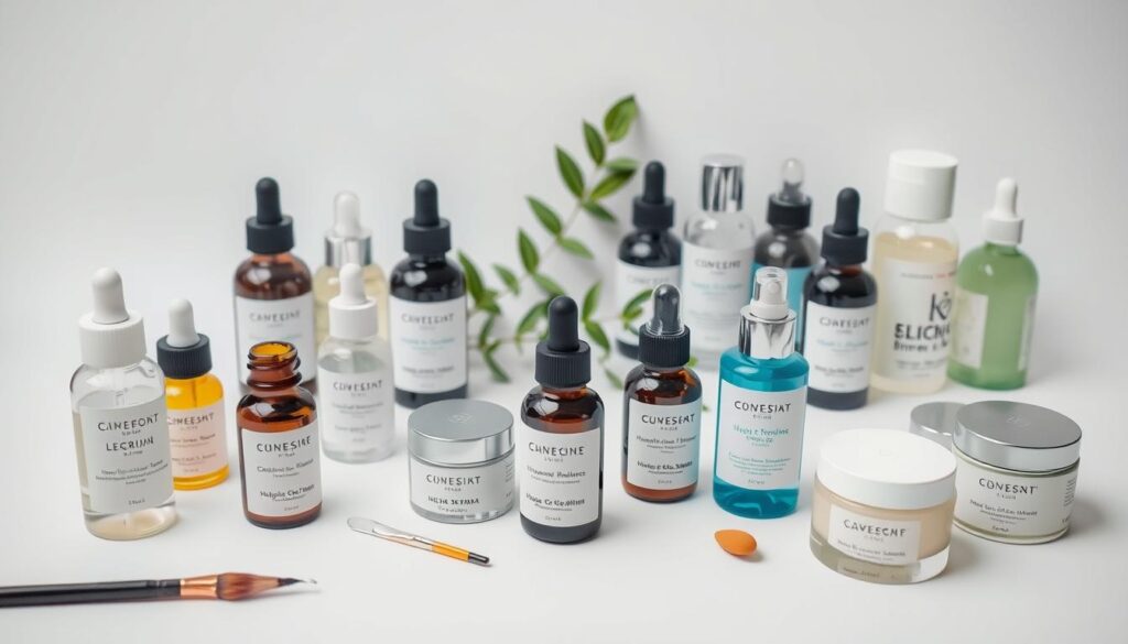 Detailed still life arrangement of various hyperpigmentation treatment products on a white background. In the foreground, an assortment of serums, creams, and lotions in glass and metal containers, each showcasing their unique formulas and packaging designs. In the middle ground, a sprig of green leaves and a few scattered cosmetic tools like a makeup brush and a spatula. Soft, diffused lighting illuminates the products, creating a clean, clinical, and informative atmosphere. The overall composition highlights the diversity of available treatment options for dark spots, blemishes, and uneven skin tone.