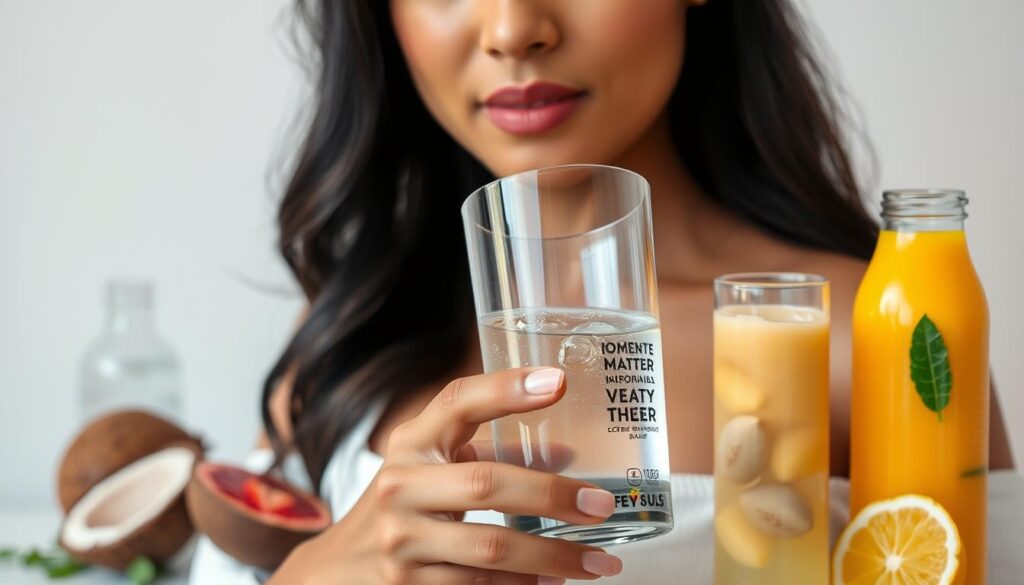 Detailed studio shot of an expectant mother drinking a refreshing glass of water, with healthy hydration alternatives like coconut water, electrolyte-infused beverages, and fresh fruit juices elegantly arranged in the background. Soft, warm lighting casts a gentle glow, highlighting the mother's serene expression. The composition emphasizes the importance of proper hydration during pregnancy, with a clean, minimalist aesthetic that conveys a sense of wellness and vitality.